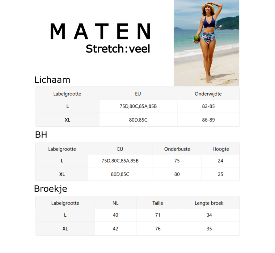 LaGloss® 2-delig Dames High Waist Bikini Set Donkerblauw met Tropische Bloemenprint – Beach Fashion – Zomermode – Maat XL