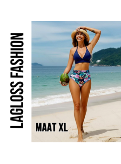 LaGloss 2-delig Dames High Waist Bikini Set Donkerblauw met Tropische Bloemenprint – Maat XL
