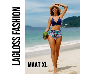 LaGloss 2-delig Dames High Waist Bikini Set Donkerblauw met Tropische Bloemenprint – Maat XL