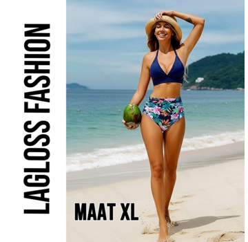LaGloss 2-delig Dames High Waist Bikini Set Donkerblauw met Tropische Bloemenprint – Maat XL