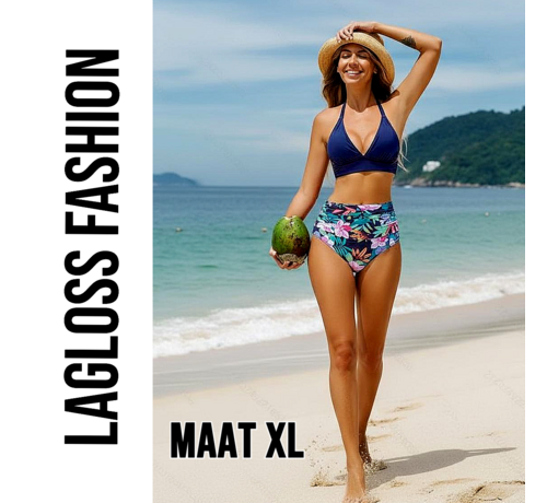 LaGloss LaGloss® 2-delig Dames High Waist Bikini Set Donkerblauw met Tropische Bloemenprint – Beach Fashion – Zomermode – Maat XL