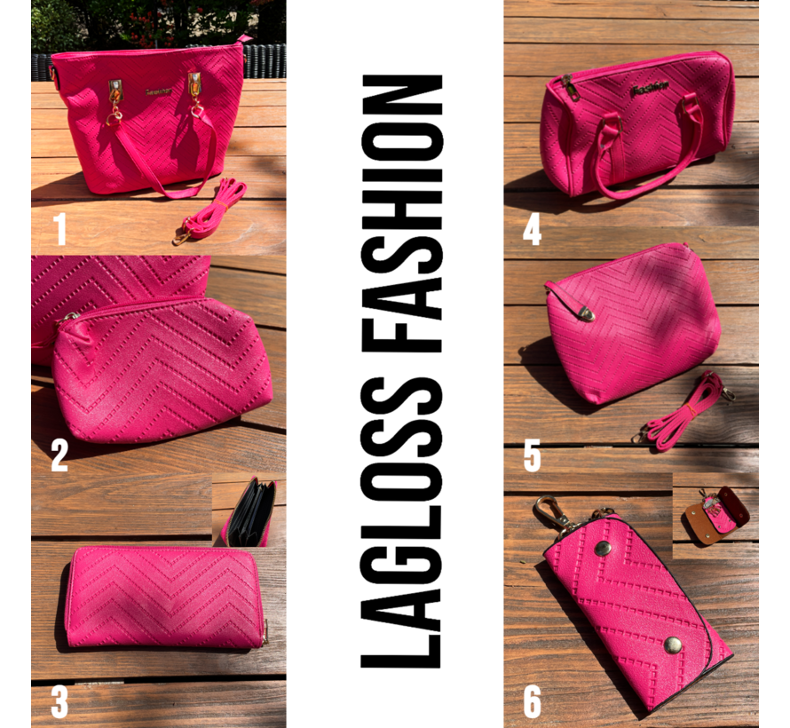LaGloss® 6-delige Tassenset Fuchsia Roze – Shopper, Handtas, Schoudertas, Clutch & Portemonnee – Imitatieleer