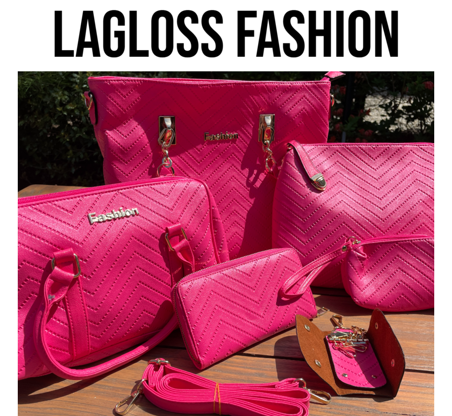 LaGloss® 6-delige Tassenset Fuchsia Roze – Shopper, Handtas, Schoudertas, Clutch & Portemonnee – Imitatieleer