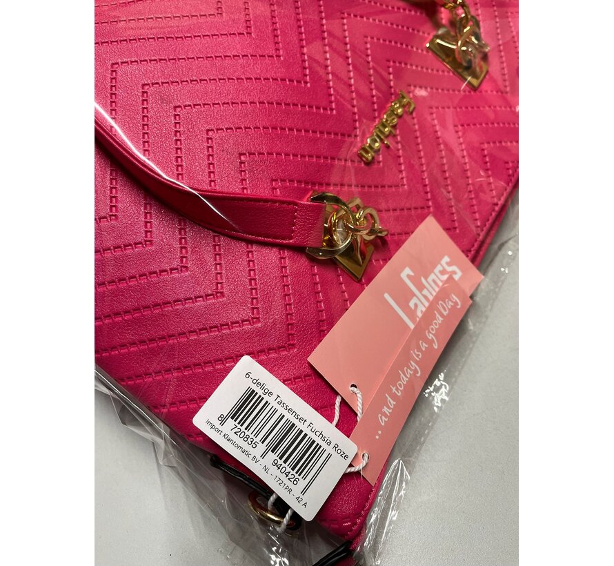 LaGloss® 6-delige Tassenset Fuchsia Roze – Shopper, Handtas, Schoudertas, Clutch & Portemonnee – Imitatieleer