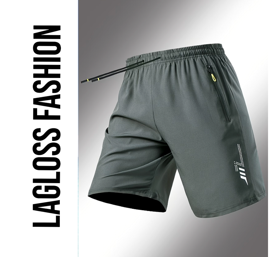 LaGloss® Heren Sportshort Sneldrogend Donkergrijs – met Ritszakken & Trekkoord – Zomermode – Sportmode – Maat M