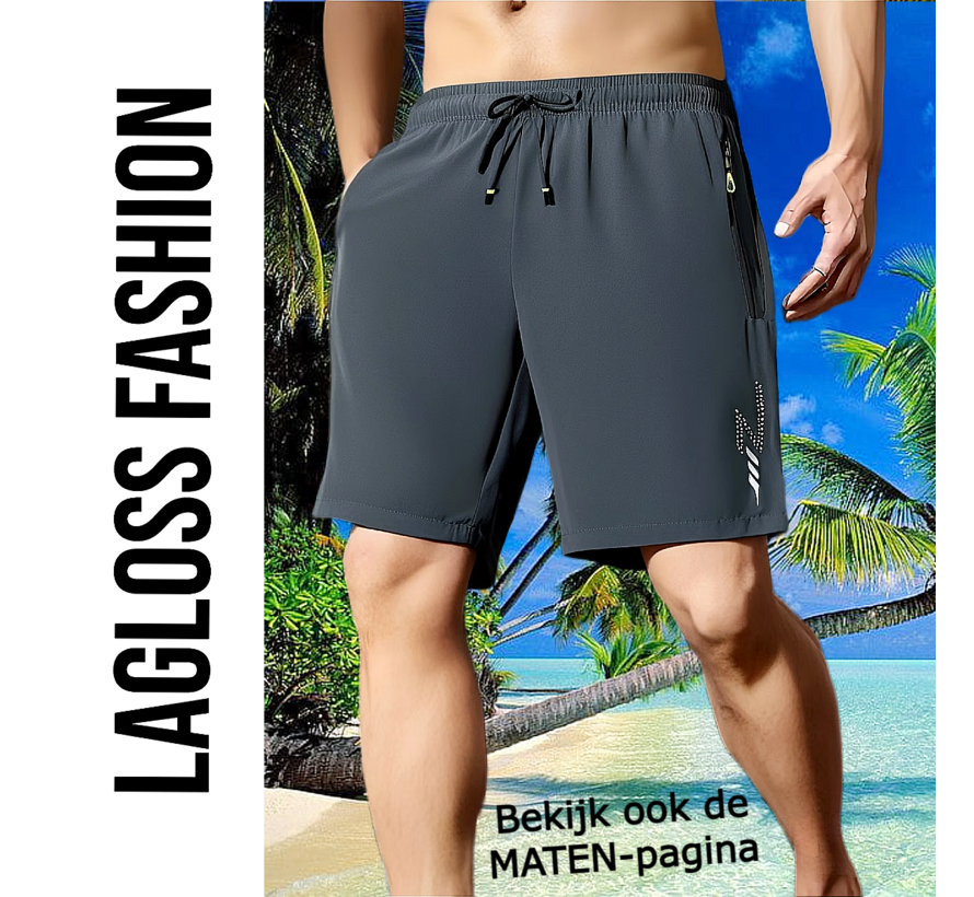 LaGloss® Heren Sportshort Sneldrogend Donkergrijs – met Ritszakken & Trekkoord – Zomermode – Sportmode – Maat L