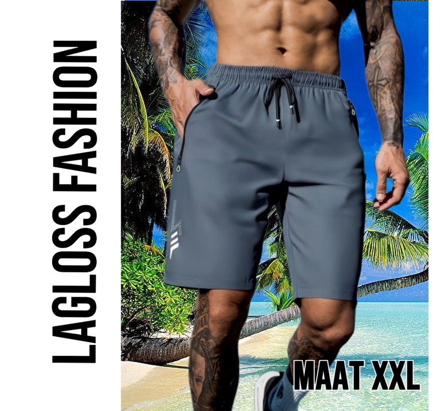 LaGloss® Heren Sportshort Sneldrogend Donkergrijs – met Ritszakken & Trekkoord – Zomermode – Sportmode – Maat XXL