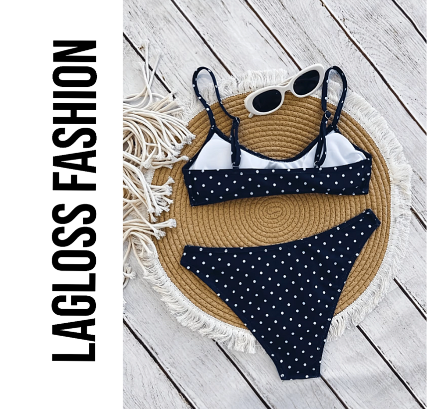 LaGloss® 2-delige Dames Marineblauwe Polkadot Bikini – V-Hals met Verstelbare Bandjes – Zomermode – Beach Fashion – Maat M
