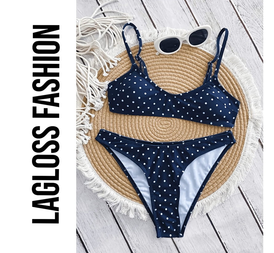 LaGloss® 2-delige Dames Marineblauwe Polkadot Bikini – V-Hals met Verstelbare Bandjes – Zomermode – Beach Fashion – Maat L