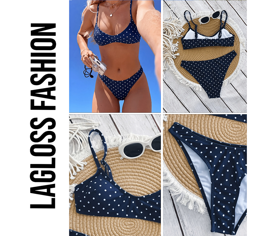 LaGloss® 2-delige Dames Marineblauwe Polkadot Bikini – V-Hals met Verstelbare Bandjes – Zomermode – Beach Fashion – Maat XL