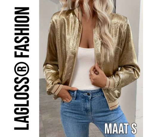 LaGloss LaGloss® Gouden Metallic Bomberjack Dames rode strepen – Trendy Baseball Jas met Ritssluiting – Maat S
