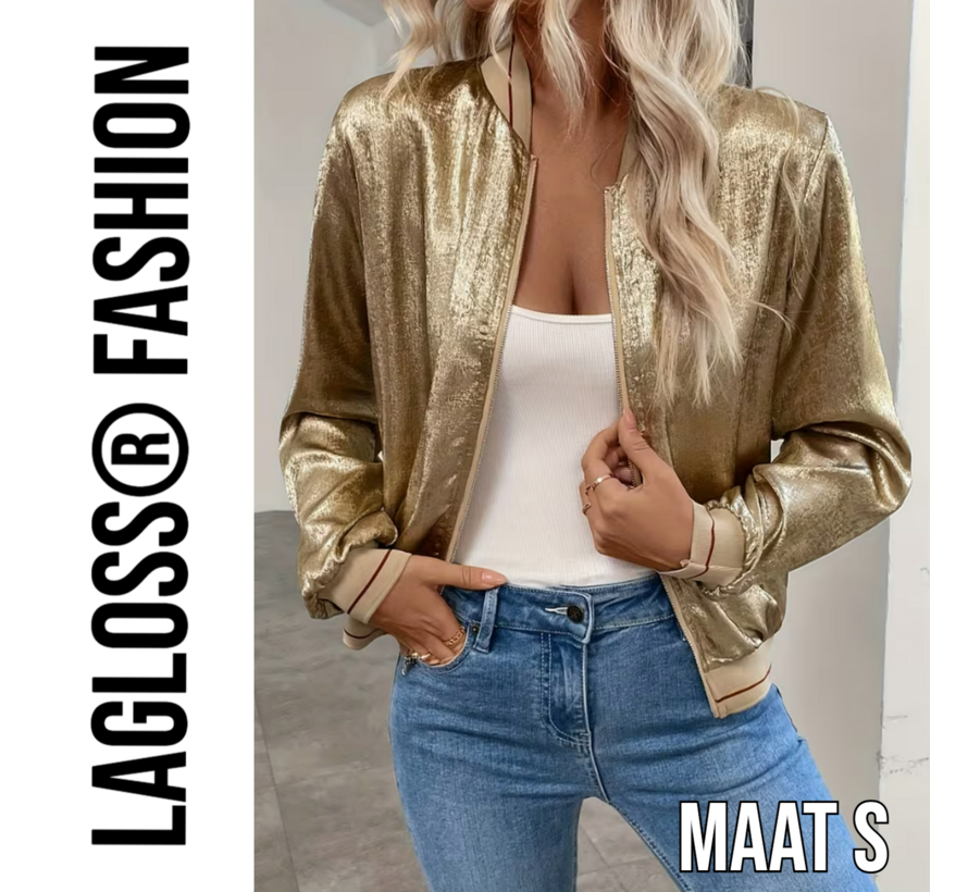 LaGloss® Gouden Metallic Bomberjack Dames rode strepen – Trendy Baseball Jas met Ritssluiting – Maat S
