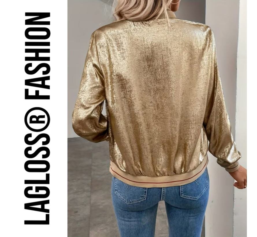 LaGloss® Gouden Metallic Bomberjack Dames rode strepen – Trendy Baseball Jas met Ritssluiting – Maat S