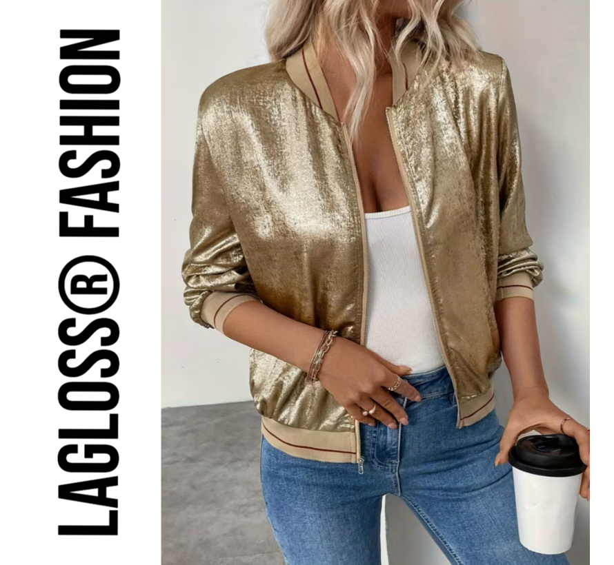 LaGloss® Gouden Metallic Bomberjack Dames rode strepen – Trendy Baseball Jas met Ritssluiting – Maat M
