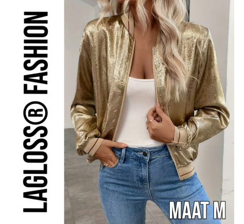 LaGloss LaGloss® Gouden Metallic Bomberjack Dames rode strepen – Trendy Baseball Jas met Ritssluiting – Maat M