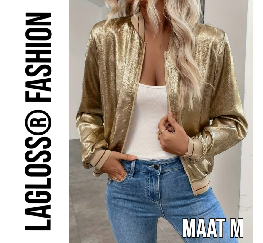 LaGloss® Gouden Metallic Bomberjack Dames rode strepen – Trendy Baseball Jas met Ritssluiting – Maat M