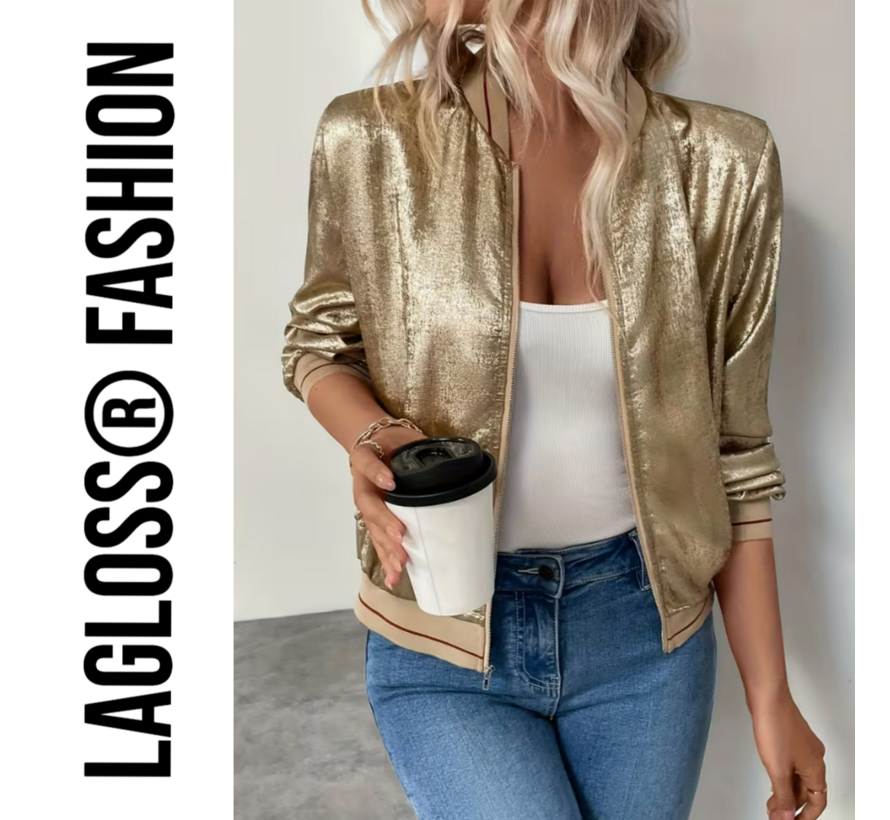 LaGloss® Gouden Metallic Bomberjack Dames rode strepen – Trendy Baseball Jas met Ritssluiting – Maat L