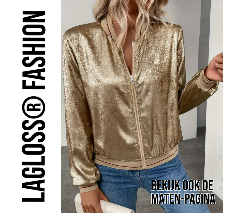 LaGloss® Gouden Metallic Bomberjack Dames rode strepen – Trendy Baseball Jas met Ritssluiting – Maat L