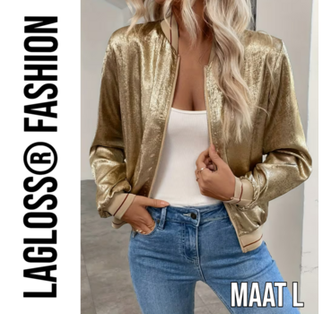 LaGloss Gouden Metallic Bomberjack Dames met rode strepen – Maat L