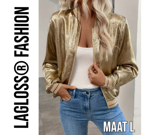 LaGloss LaGloss® Gouden Metallic Bomberjack Dames rode strepen – Trendy Baseball Jas met Ritssluiting – Maat L