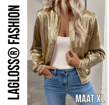 LaGloss Gouden Metallic Bomberjack Dames met rode strepen – Maat XL