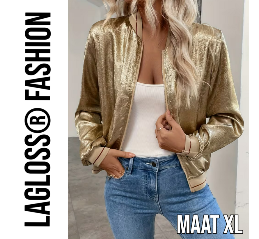 LaGloss® Gouden Metallic Bomberjack Dames rode strepen – Trendy Baseball Jas met Ritssluiting – Maat XL