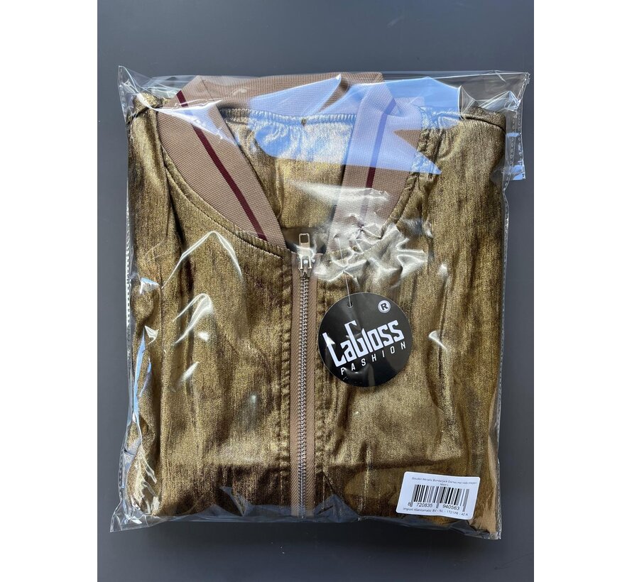 LaGloss® Gouden Metallic Bomberjack Dames rode strepen – Trendy Baseball Jas met Ritssluiting – Maat L