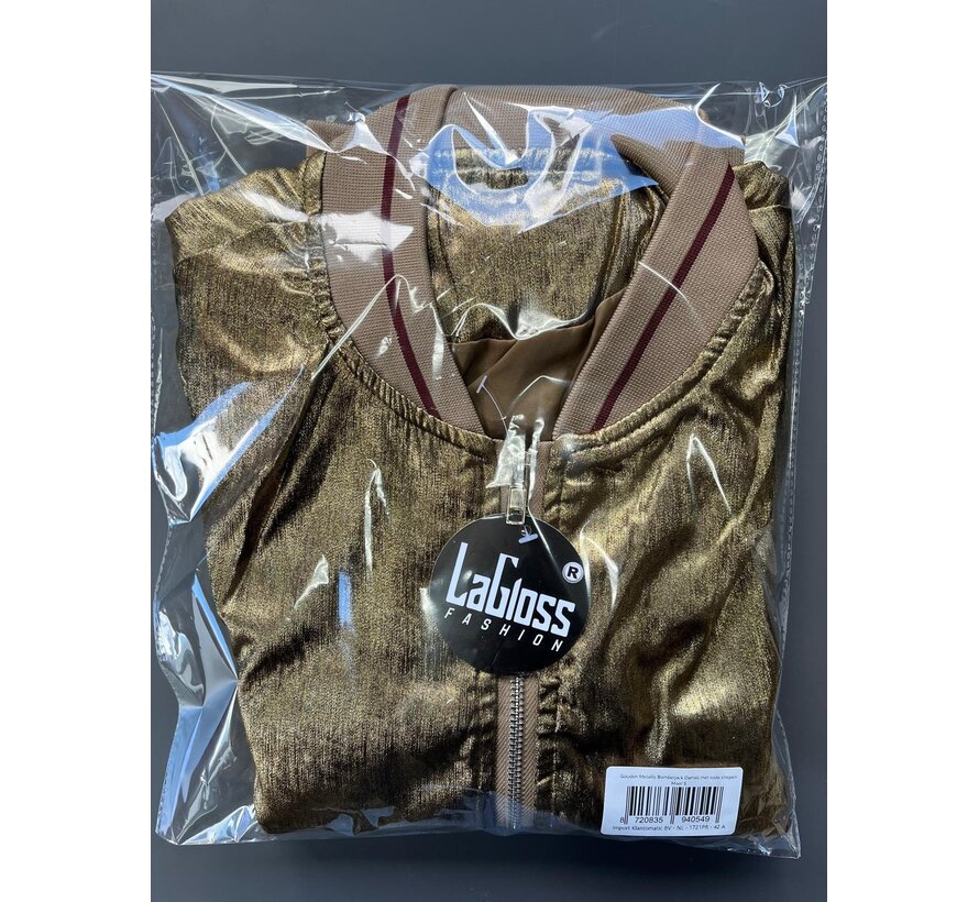 LaGloss® Gouden Metallic Bomberjack Dames rode strepen – Trendy Baseball Jas met Ritssluiting – Maat S