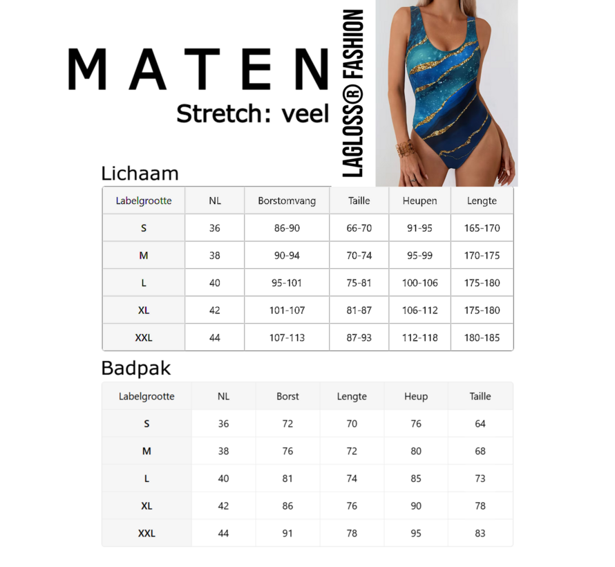 LaGloss® Blauw Goud Badpak Dames – Eendelig Zwempak met Luxe Print – Beach Fashion – Strandmode – Maat L