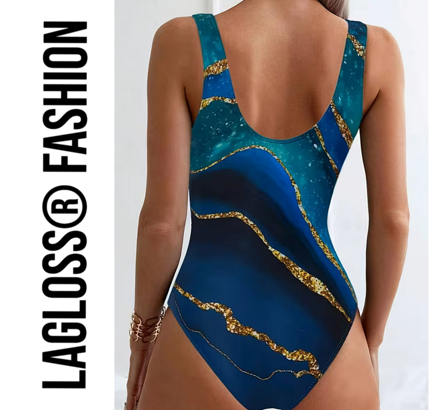 LaGloss® Blauw Goud Badpak Dames – Eendelig Zwempak met Luxe Print – Beach Fashion – Strandmode – Maat L