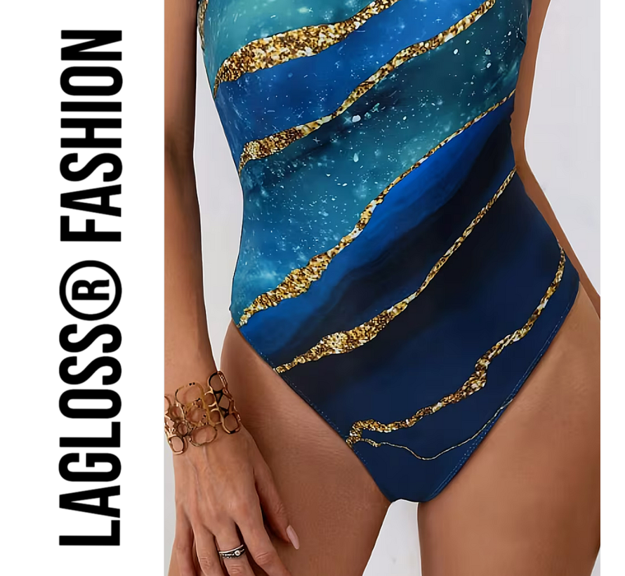 LaGloss® Blauw Goud Badpak Dames – Eendelig Zwempak met Luxe Print – Beach Fashion – Strandmode – Maat L