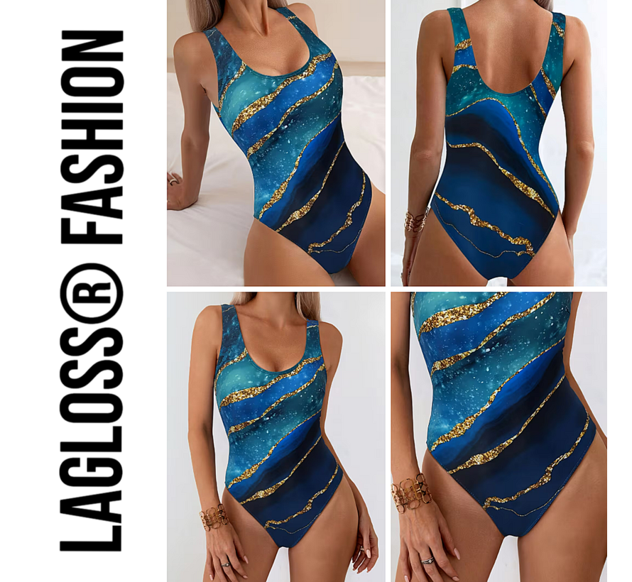 LaGloss® Blauw Goud Badpak Dames – Eendelig Zwempak met Luxe Print – Beach Fashion – Strandmode – Maat L
