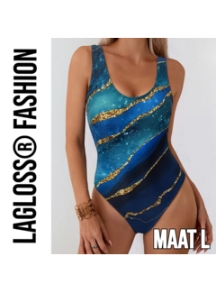 LaGloss Eendelig Blauw Goud Badpak Dames met Luxe Print – Maat L