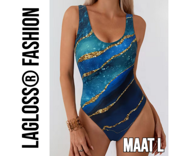 LaGloss Eendelig Blauw Goud Badpak Dames met Luxe Print – Maat L