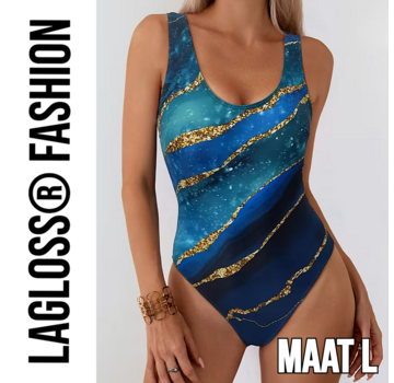 LaGloss Eendelig Blauw Goud Badpak Dames met Luxe Print – Maat L