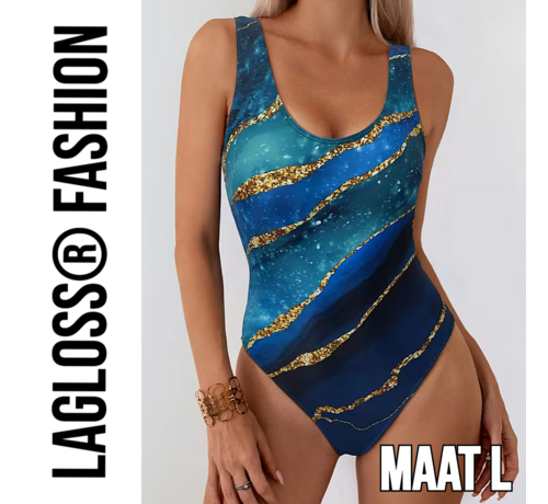 LaGloss LaGloss® Blauw Goud Badpak Dames – Eendelig Zwempak met Luxe Print – Beach Fashion – Strandmode – Maat L