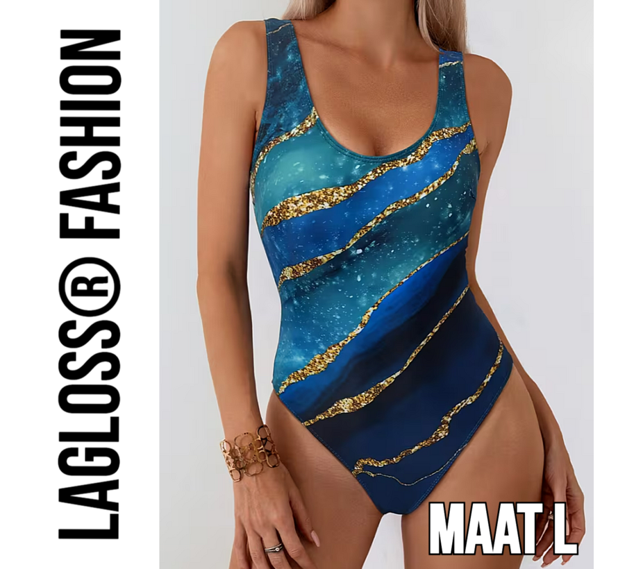 LaGloss® Blauw Goud Badpak Dames – Eendelig Zwempak met Luxe Print – Beach Fashion – Strandmode – Maat L