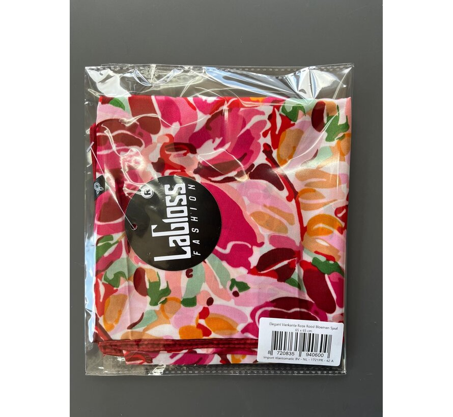 LaGloss® Elegant Roze Rood Bloemen Sjaal 65 x 65 cm – Vierkant – Satijnlook Damessjaal – Casual