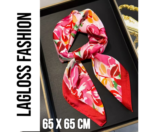LaGloss LaGloss® Elegant Roze Rood Bloemen Sjaal 65 x 65 cm – Vierkant – Satijnlook Damessjaal – Casual