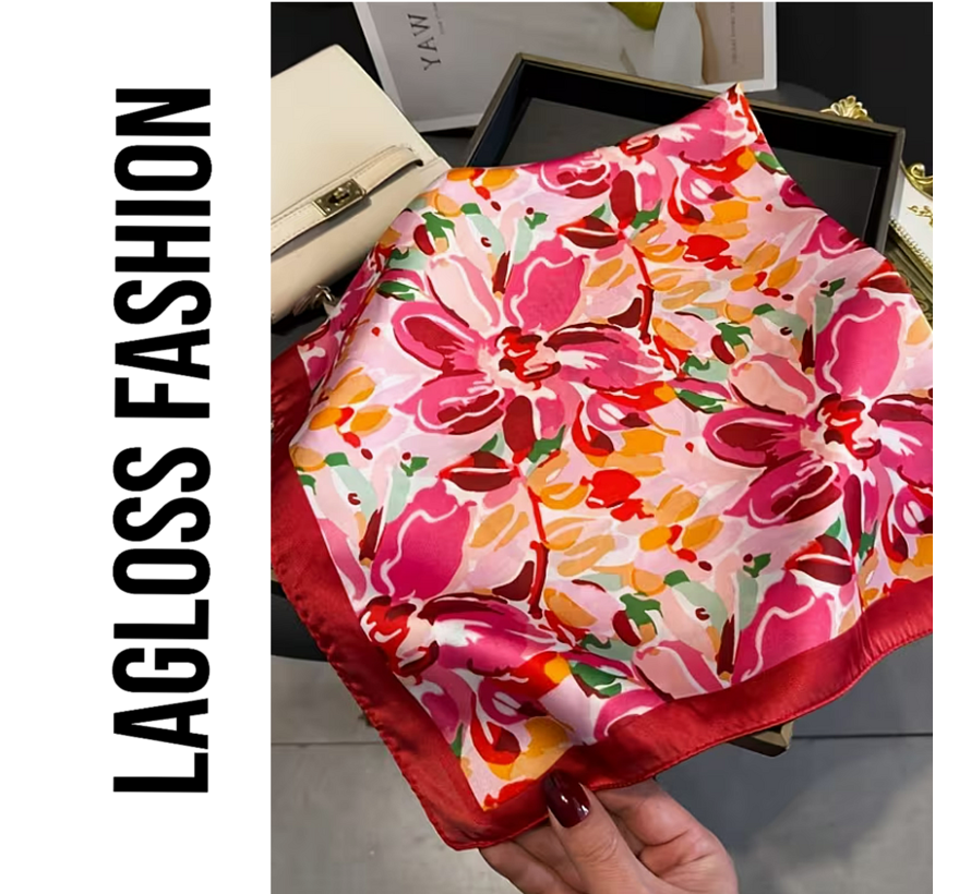LaGloss® Elegant Roze Rood Bloemen Sjaal 65 x 65 cm – Vierkant – Satijnlook Damessjaal – Casual