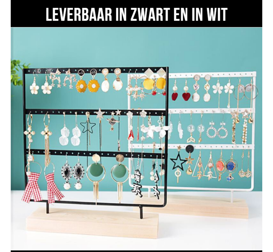 LaGloss® Oorbellenrekje Sieradenrekje Oorbellen Display Sieraden Organizer ZWART - 69 oorbellen HOUTEN VOET - 3 Verdiepingen - Kleur Zwart