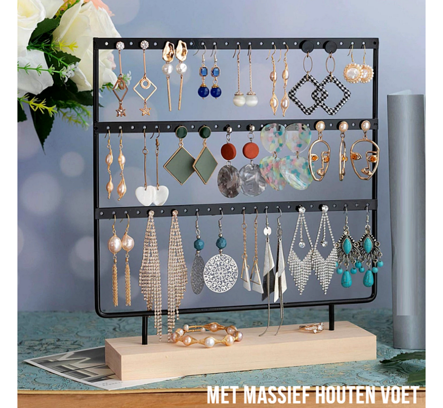 LaGloss® Oorbellenrekje Sieradenrekje Oorbellen Display Sieraden Organizer ZWART - 69 oorbellen HOUTEN VOET - 3 Verdiepingen - Kleur Zwart