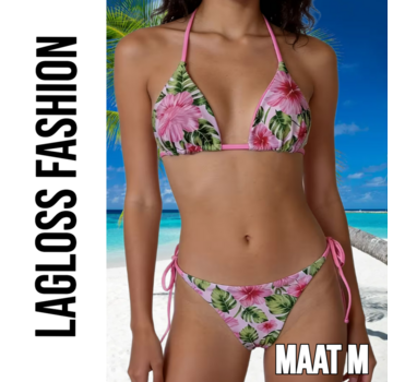 LaGloss 2-delig Dames Roze Bloemen Bikini Set – Tropische Hibiscus Print – Maat M