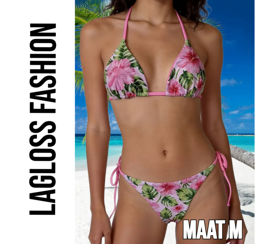 LaGloss® 2-delig Dames Roze Bloemen Bikini Set – Tropische Hibiscus Print Halter Bikini met Strikbroekje – Zomer mode – Beach Fashion – Maat M