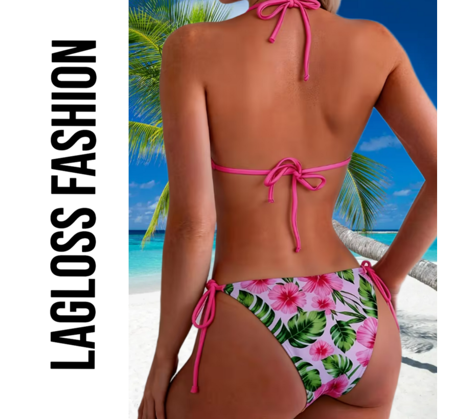LaGloss® 2-delig Dames Roze Bloemen Bikini Set – Tropische Hibiscus Print Halter Bikini met Strikbroekje – Zomer mode – Beach Fashion – Maat M