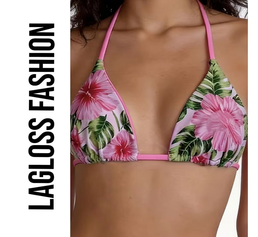 LaGloss® 2-delig Dames Roze Bloemen Bikini Set – Tropische Hibiscus Print Halter Bikini met Strikbroekje – Zomer mode – Beach Fashion – Maat M