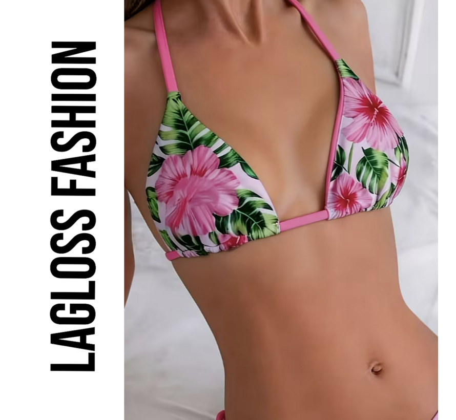 LaGloss® 2-delig Dames Roze Bloemen Bikini Set – Tropische Hibiscus Print Halter Bikini met Strikbroekje – Zomer mode – Beach Fashion – Maat M