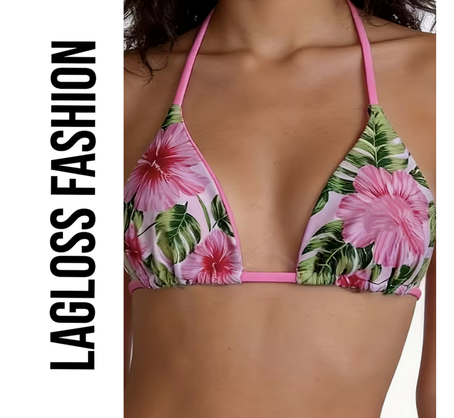 LaGloss® 2-delig Dames Roze Bloemen Bikini Set – Tropische Hibiscus Print Halter Bikini met Strikbroekje – Zomer mode – Beach Fashion – Maat L