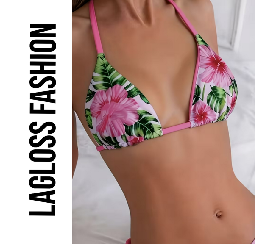 LaGloss® 2-delig Dames Roze Bloemen Bikini Set – Tropische Hibiscus Print Halter Bikini met Strikbroekje – Zomer mode – Beach Fashion – Maat L