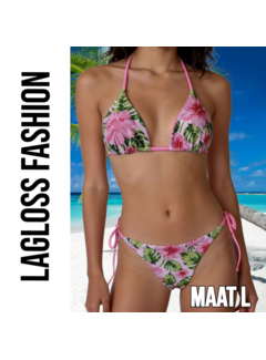LaGloss 2-delig Dames Roze Bloemen Bikini Set – Tropische Hibiscus Print – Maat L